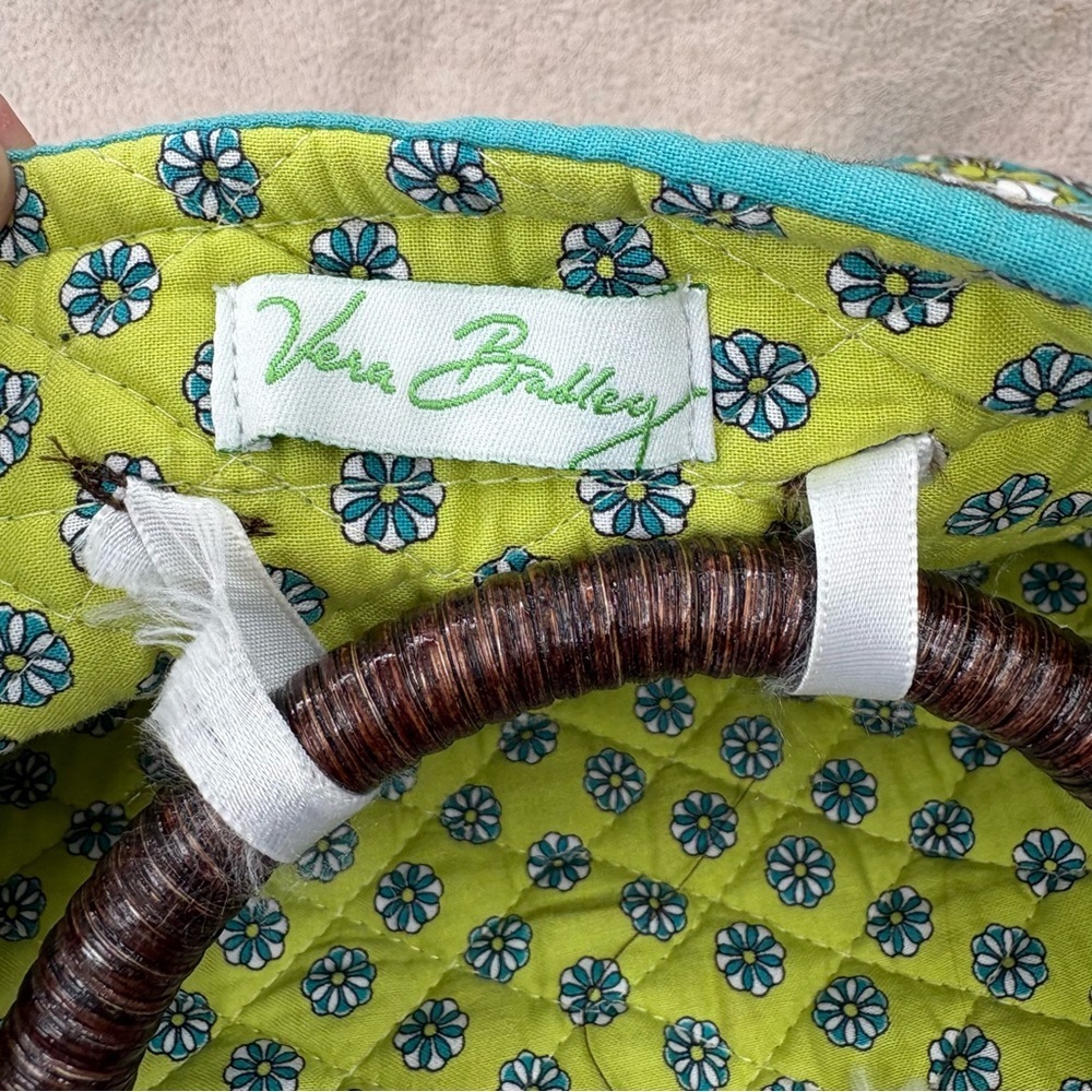 Vera Bradley Quilted Purse Wrapped Wooden Handle Green/Blue/Brown Resort Casual - Picture 9 of 13